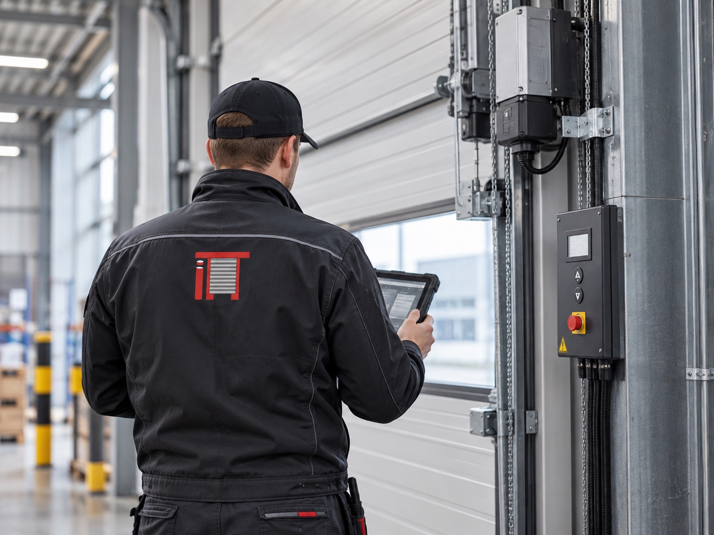 Servicetechniker von hinten bei der Prüfung eines industriellen Torantriebs